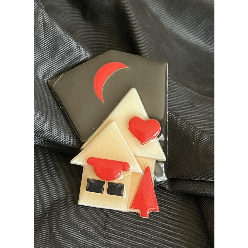 Vintage Lucinda House Brooch Pin Heart & Moon House Brooch Handmade 2.34"x1.80"